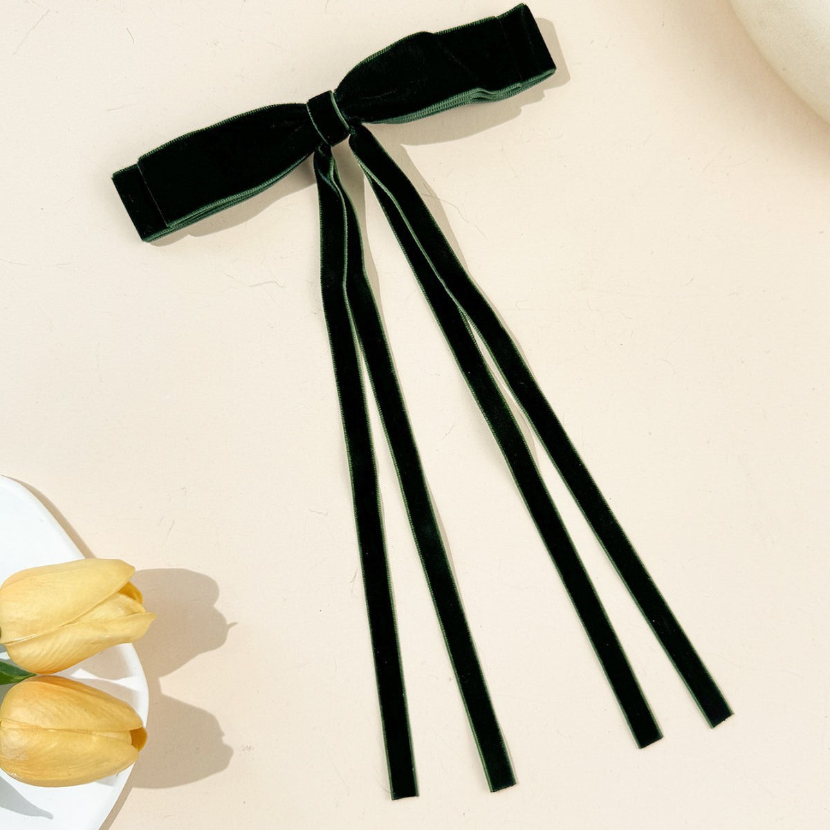 Velvet Triple Tail Bow Hair Clip - darkgreen