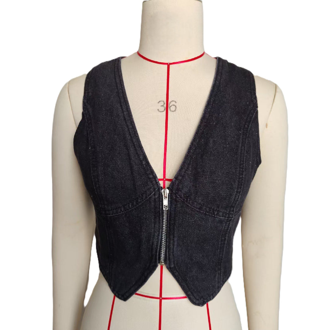 Cropped Denim Vest With Zip Front - Black