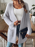 Longline Ribbed Knit Cardigan With Pockets - Grey