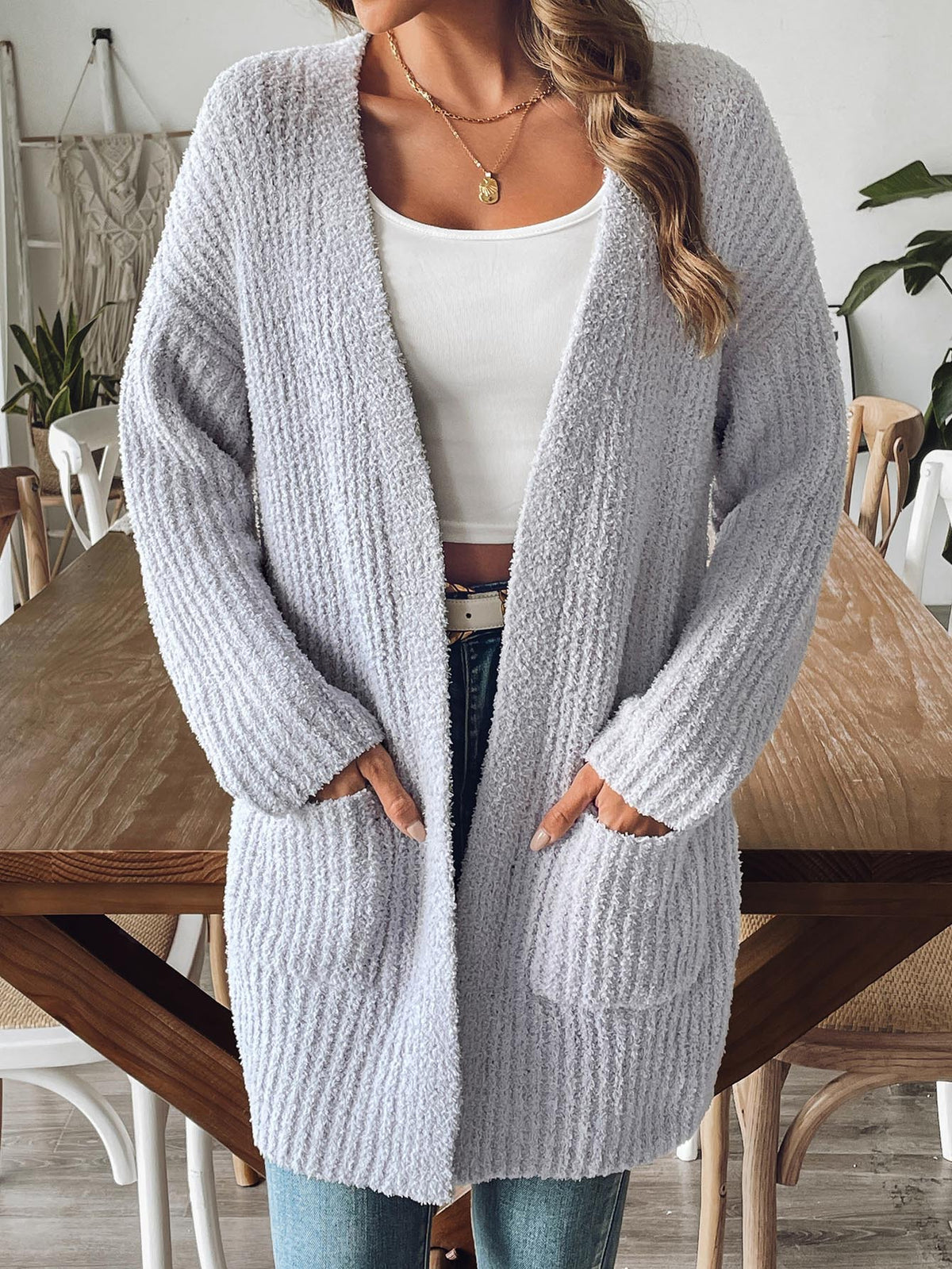 Longline Ribbed Knit Cardigan With Pockets - Grey - 1