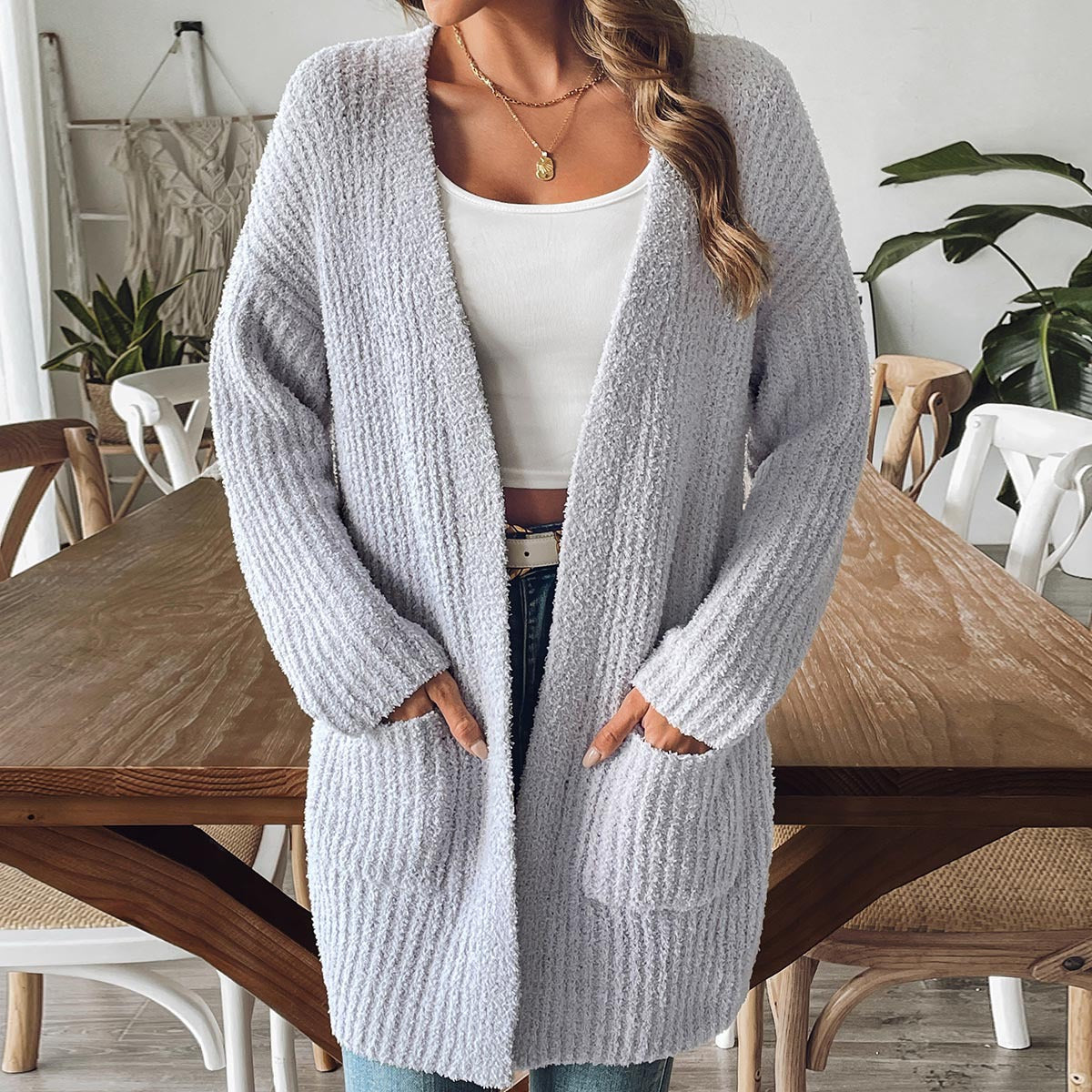 Longline Ribbed Knit Cardigan With Pockets - Grey - 4