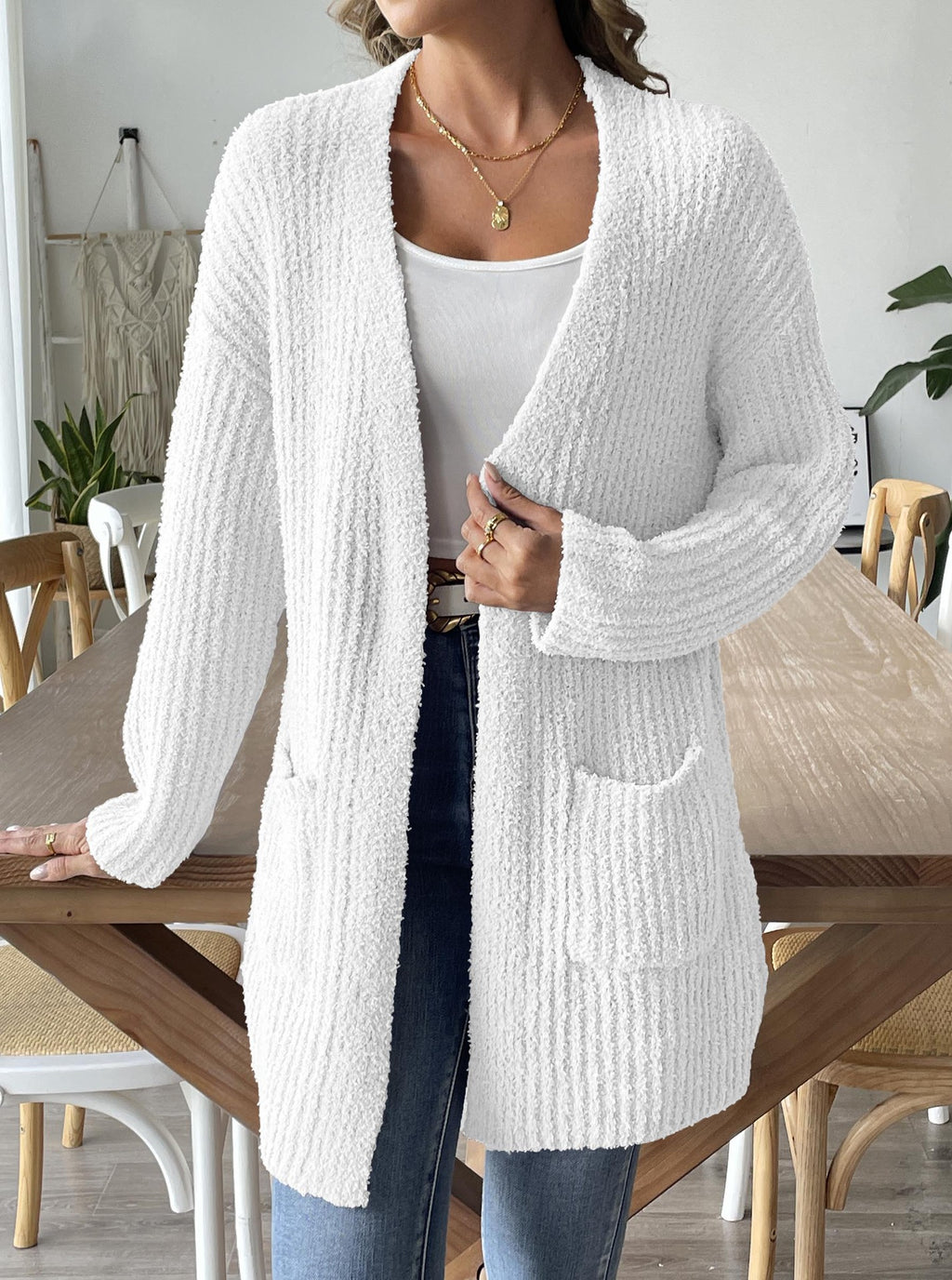 Longline Ribbed Knit Cardigan With Pockets - White - 2