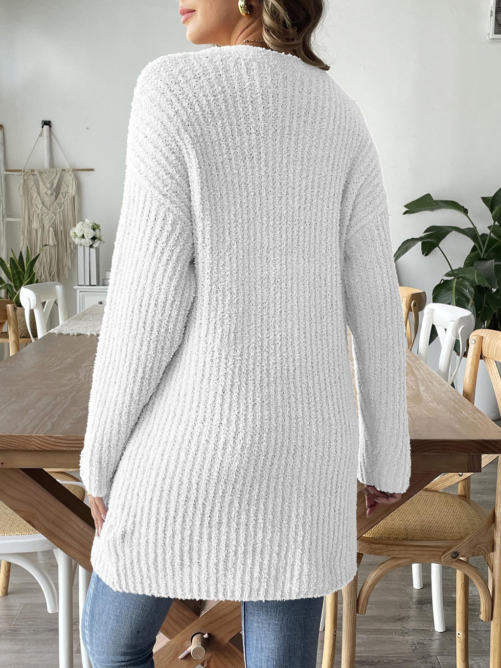 Longline Ribbed Knit Cardigan With Pockets - White - 3