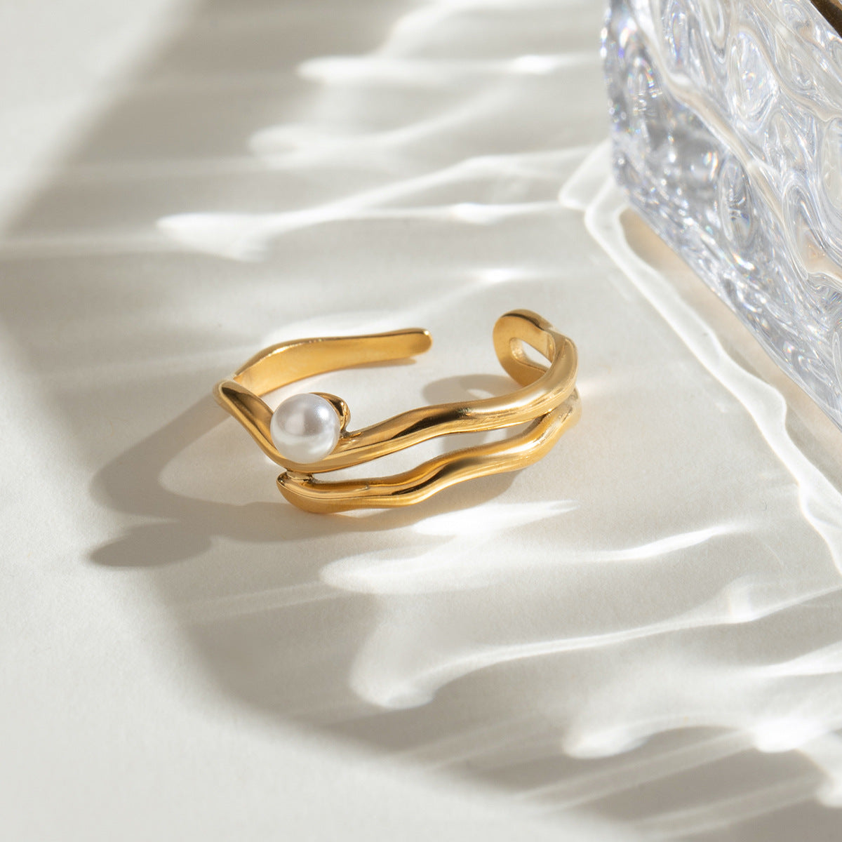 Wavy Gold Tone Pearl Open Ring - Gold - 2