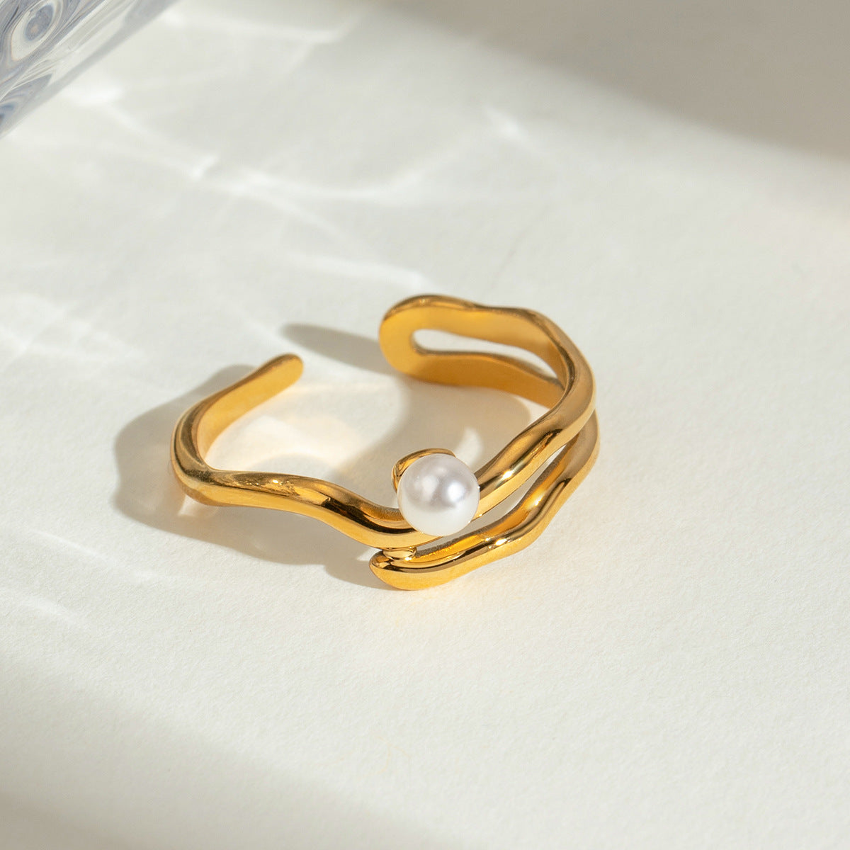 Wavy Gold Tone Pearl Open Ring - Gold - 3