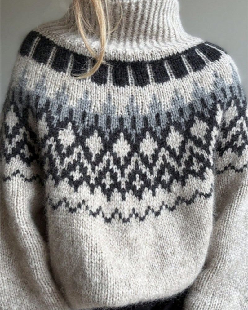 Nordic Yoke Turtleneck Chunky Knit Sweater - Apricot
