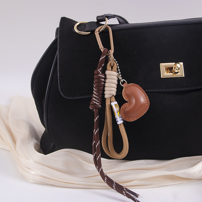 Braided Wristlet Bag Charm with Glossy Puffy Heart - Coffee