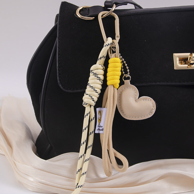 Braided Wristlet Bag Charm with Glossy Puffy Heart - Khaki