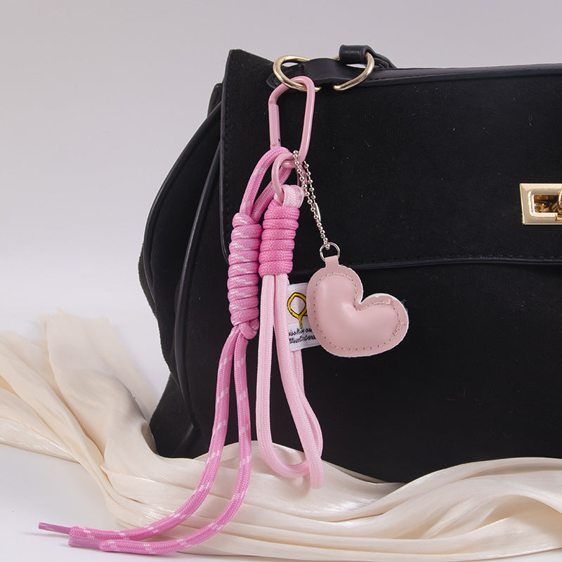 Braided Wristlet Bag Charm with Glossy Puffy Heart - Pink