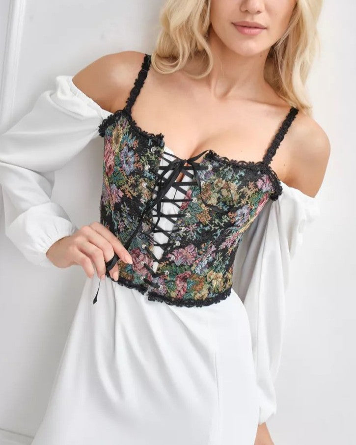 Tapestry Floral Corset Camisole Top - Black