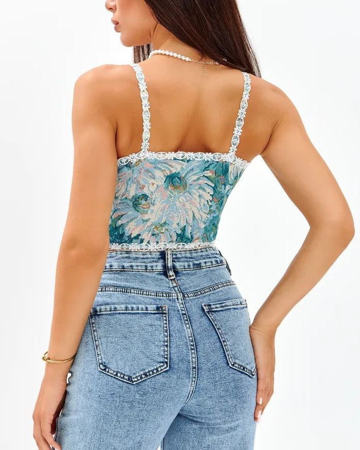 Tapestry Floral Corset Camisole Top - Blue - 2