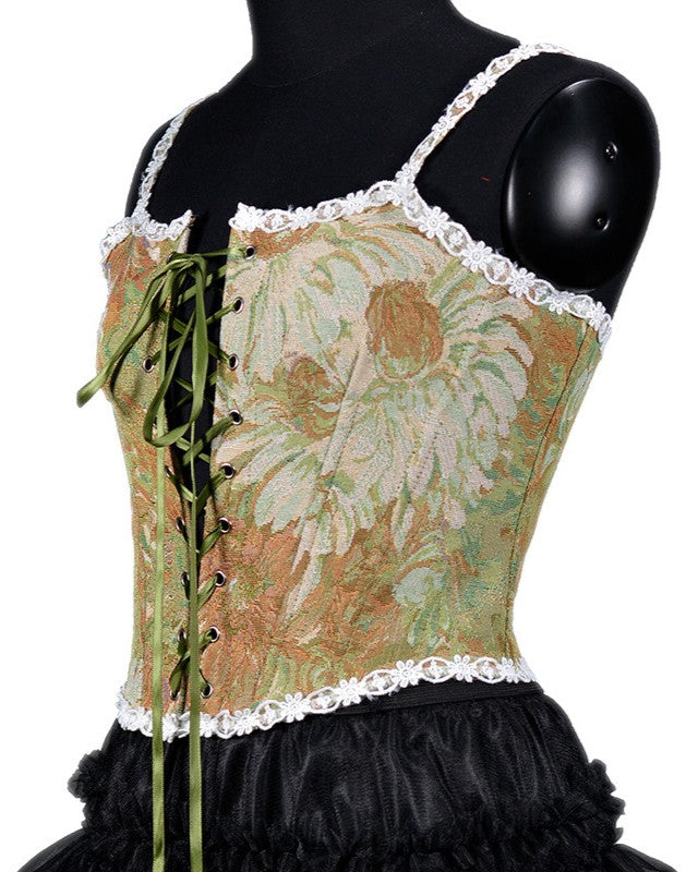 Tapestry Floral Corset Camisole Top - Green