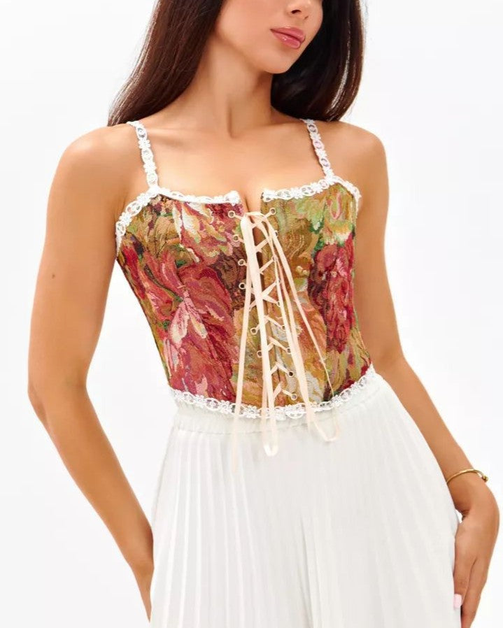 Tapestry Floral Corset Camisole Top - Red
