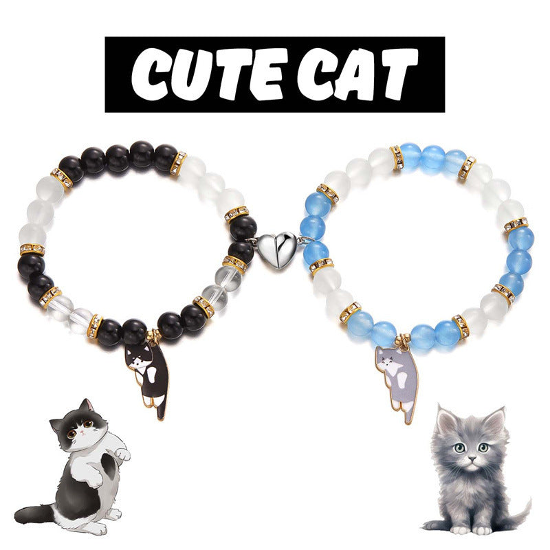 Magnetic Heart Cat Charm Couple Bracelet Set - Set01