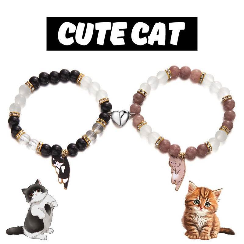 Magnetic Heart Cat Charm Couple Bracelet Set - Set02