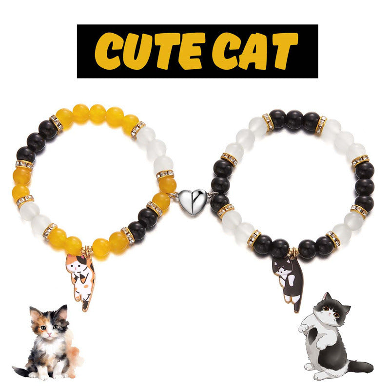 Magnetic Heart Cat Charm Couple Bracelet Set - Set04
