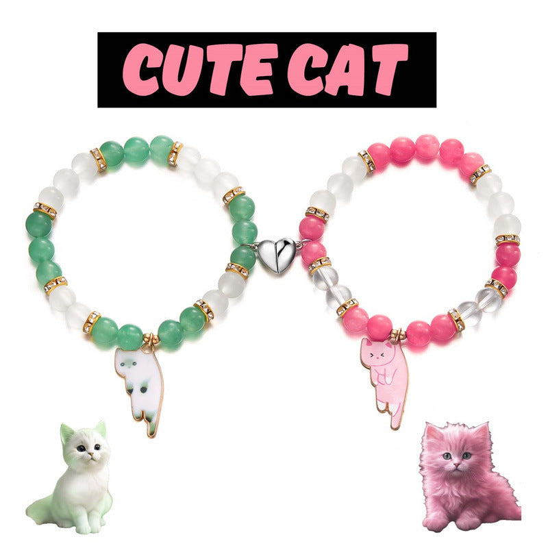Magnetic Heart Cat Charm Couple Bracelet Set - Set05