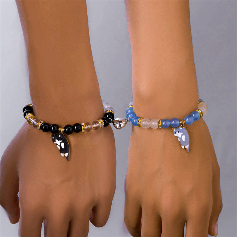 Magnetic Heart Cat Charm Couple Bracelet Set