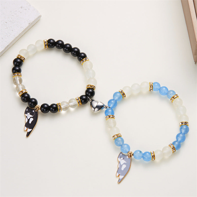 Magnetic Heart Cat Charm Couple Bracelet Set - view 1