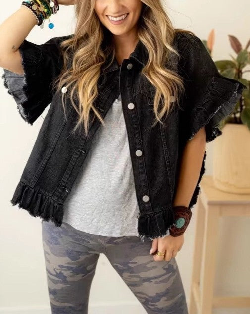 Ruffle Hem Cropped Denim Jacket With Flutter Sleeves - Black