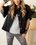 Ruffle Hem Cropped Denim Jacket With Flutter Sleeves - Black
