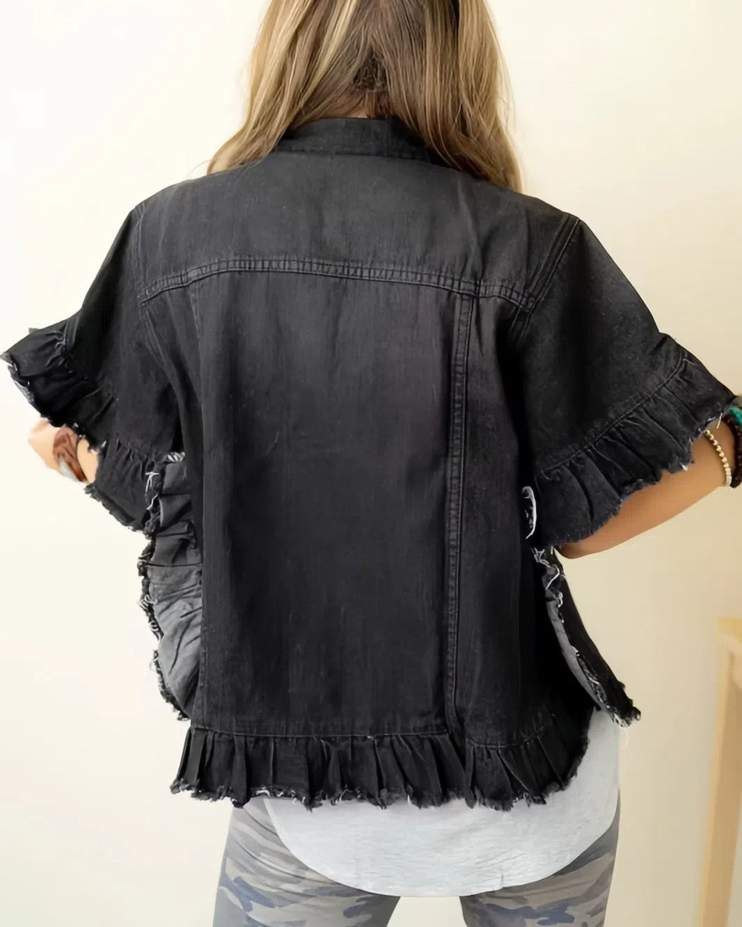 Ruffle Hem Cropped Denim Jacket With Flutter Sleeves - Black - 1