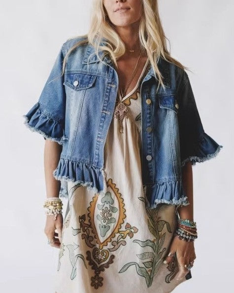 Ruffle Hem Cropped Denim Jacket With Flutter Sleeves - Blue
