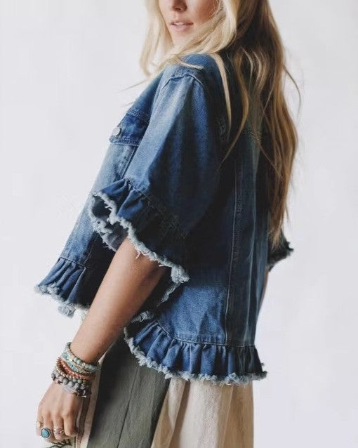 Ruffle Hem Cropped Denim Jacket With Flutter Sleeves - Blue - 1