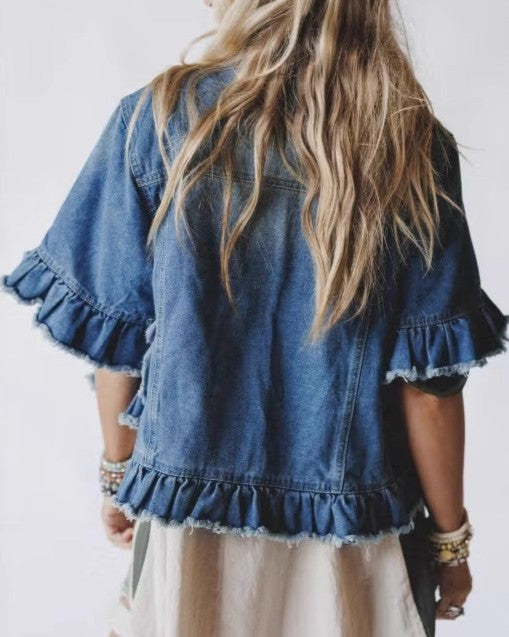 Ruffle Hem Cropped Denim Jacket With Flutter Sleeves - Blue - 2