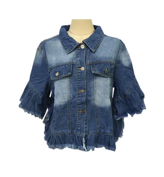Ruffle Hem Cropped Denim Jacket With Flutter Sleeves