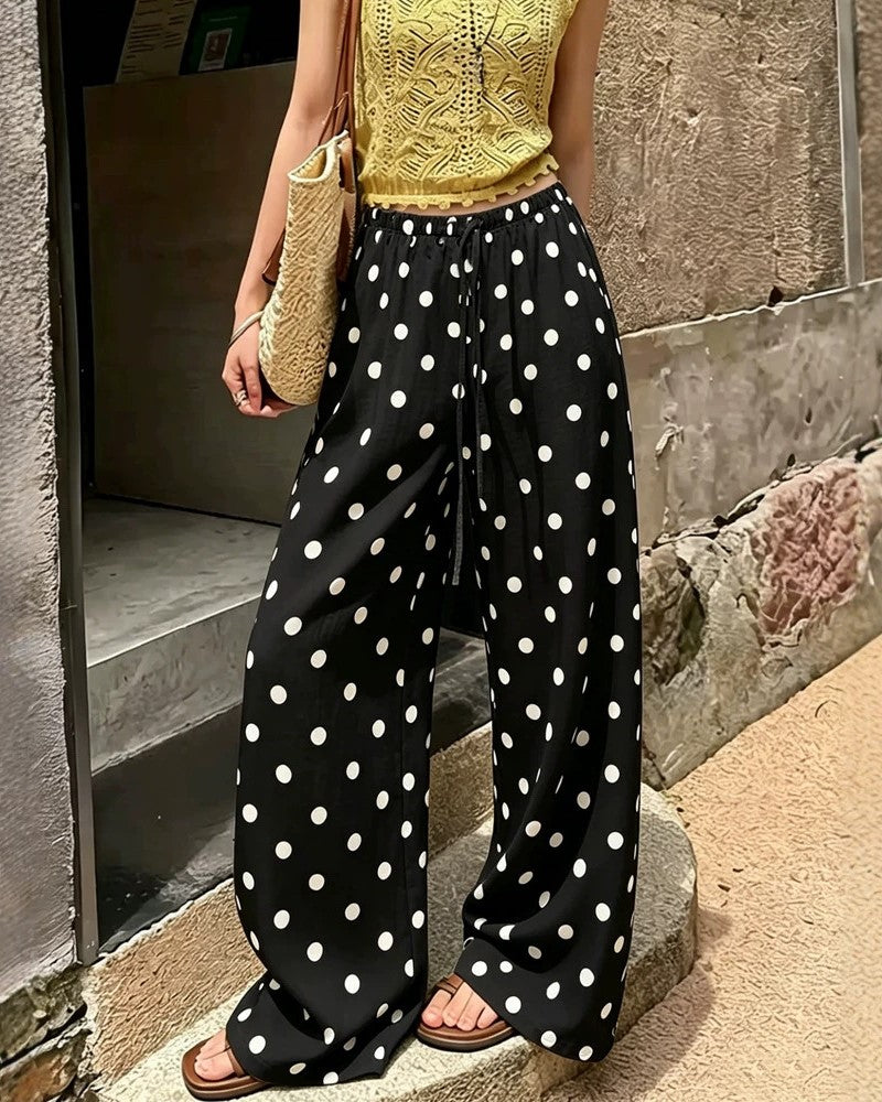 Polka Dot Wide-Leg Drawstring Palazzo Pants - Black