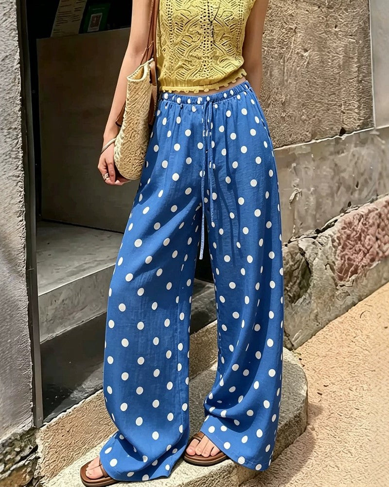 Polka Dot Wide-Leg Drawstring Palazzo Pants - Blue