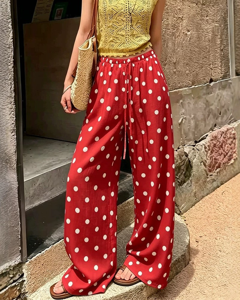 Polka Dot Wide-Leg Drawstring Palazzo Pants - Red
