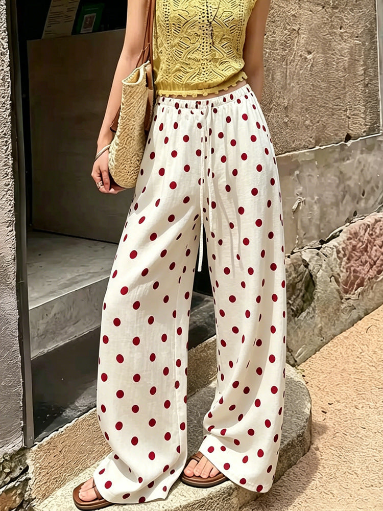 Polka Dot Wide-Leg Drawstring Palazzo Pants - White-Red