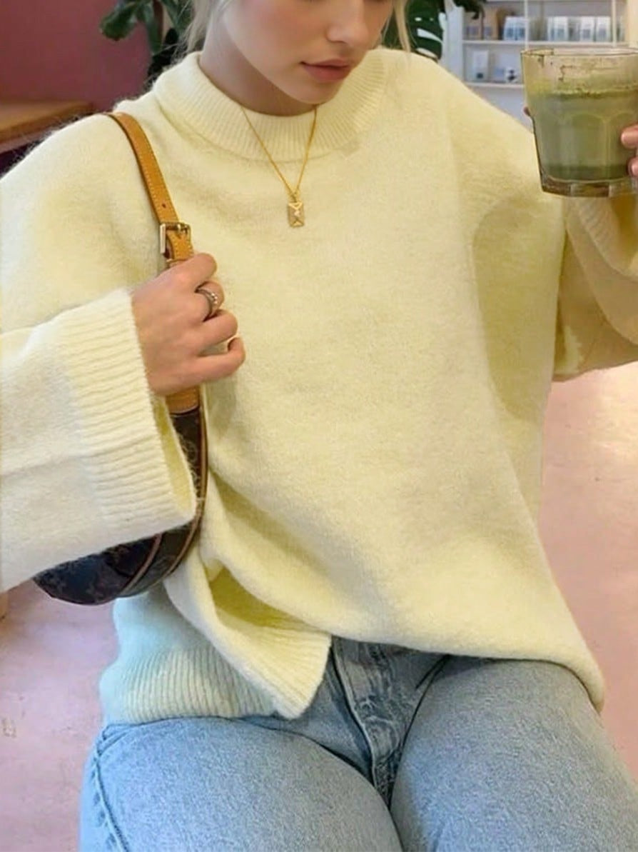 Buttery Pastel Drop Shoulder Knit Sweater - Yellow - 3