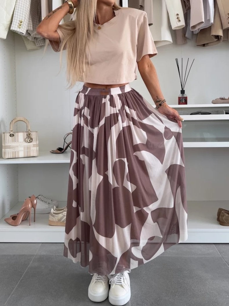 Flared Abstract Print Mesh Maxi Skirt - Apricot