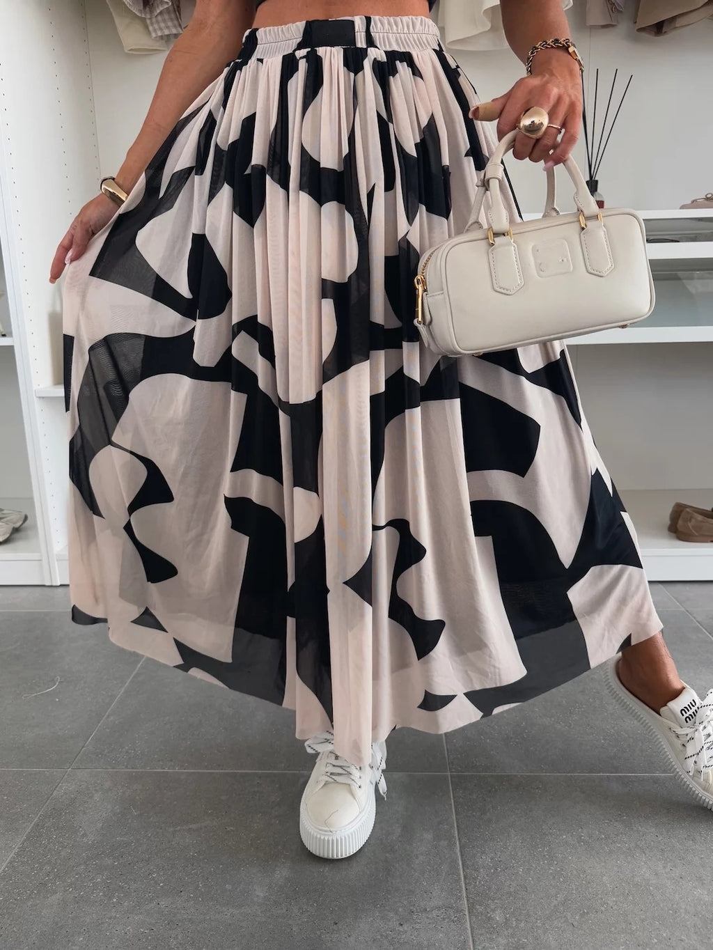 Flared Abstract Print Mesh Maxi Skirt - Beige