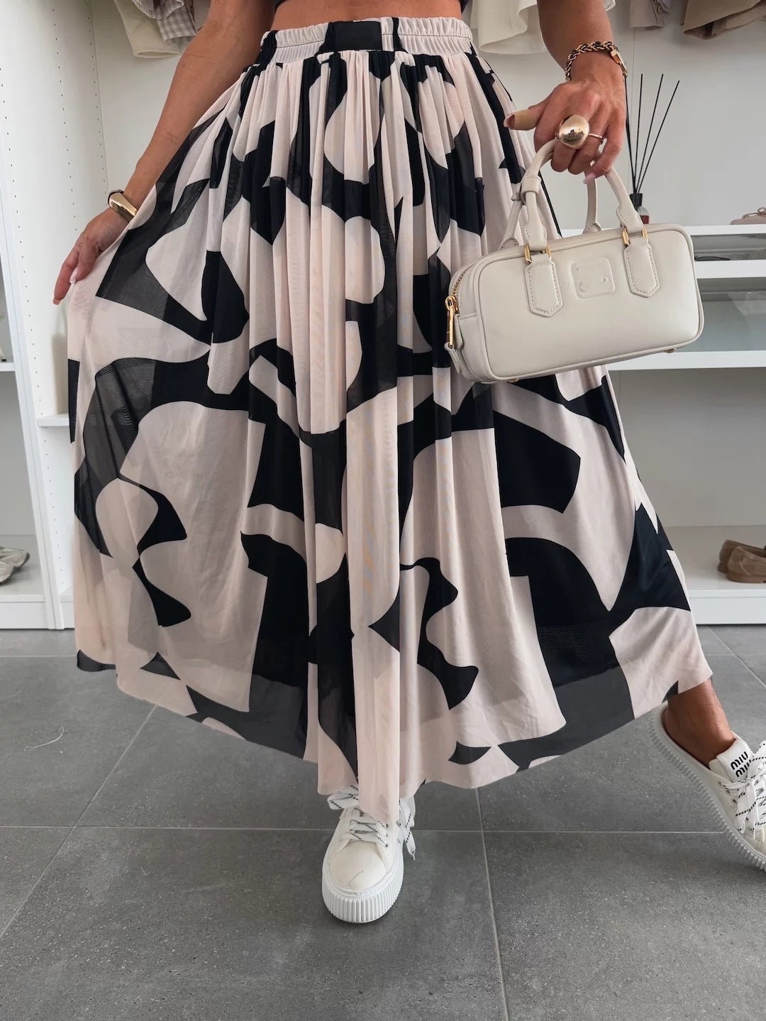 Flared Abstract Print Mesh Maxi Skirt - Beige