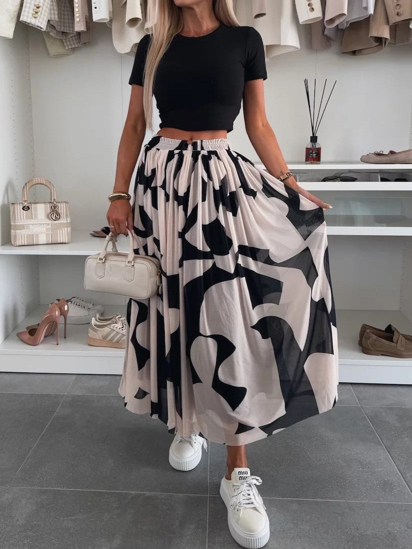 Flared Abstract Print Mesh Maxi Skirt - Beige - 1