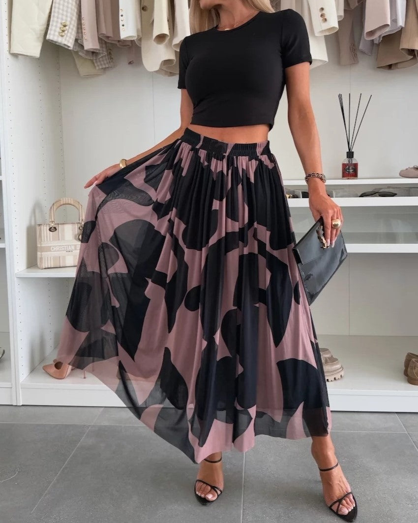 Flared Abstract Print Mesh Maxi Skirt - Black