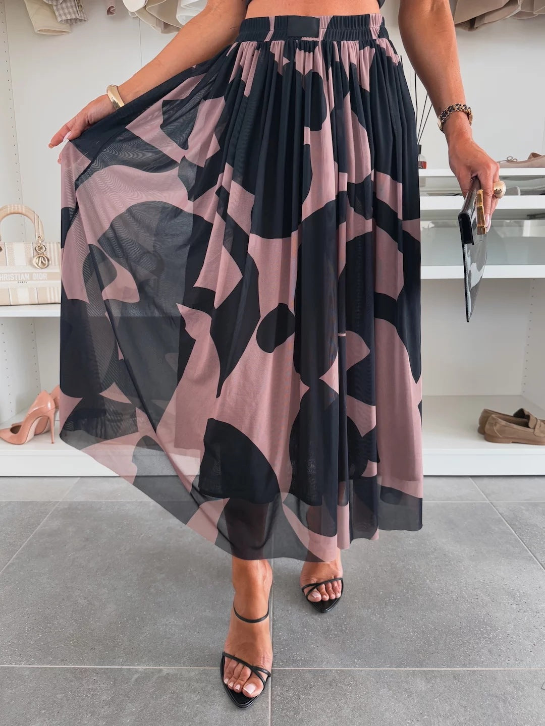 Flared Abstract Print Mesh Maxi Skirt - Black - 1