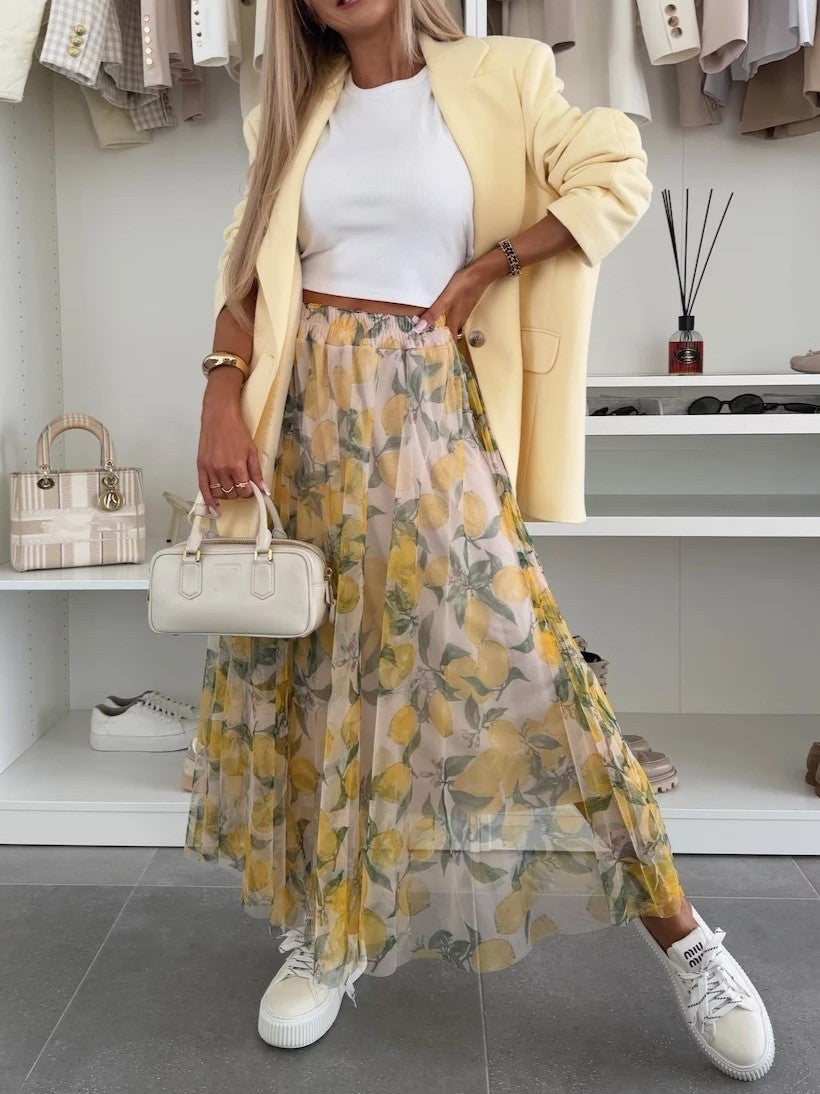 Flared Abstract Print Mesh Maxi Skirt - Lemon