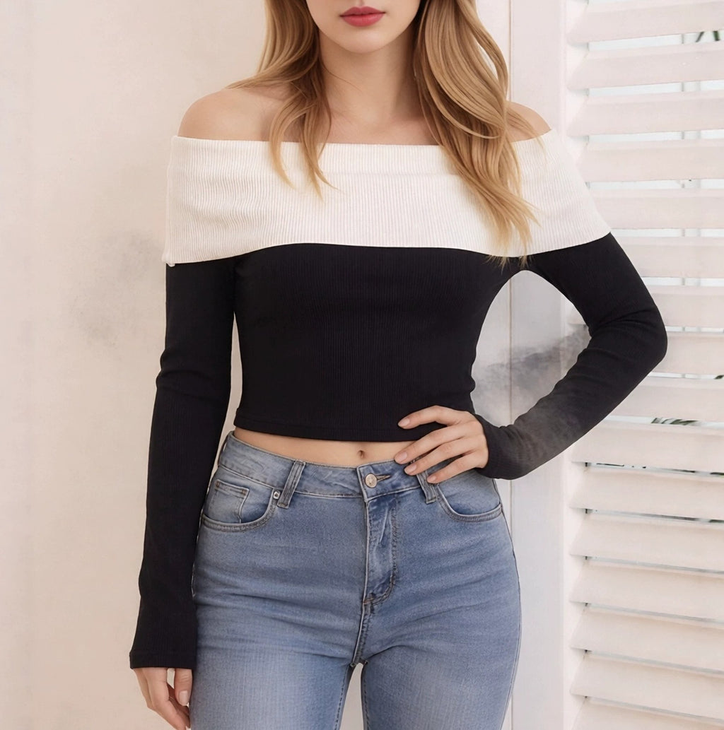Bell Sleeve Off Shoulder Crop Knit Sweater - Black