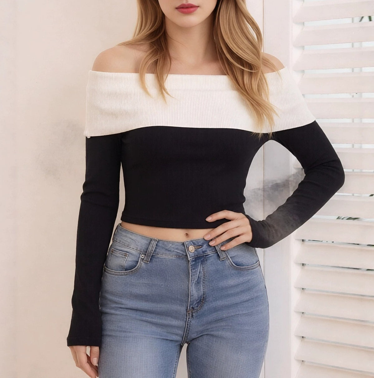 Bell Sleeve Off Shoulder Crop Knit Sweater - Black