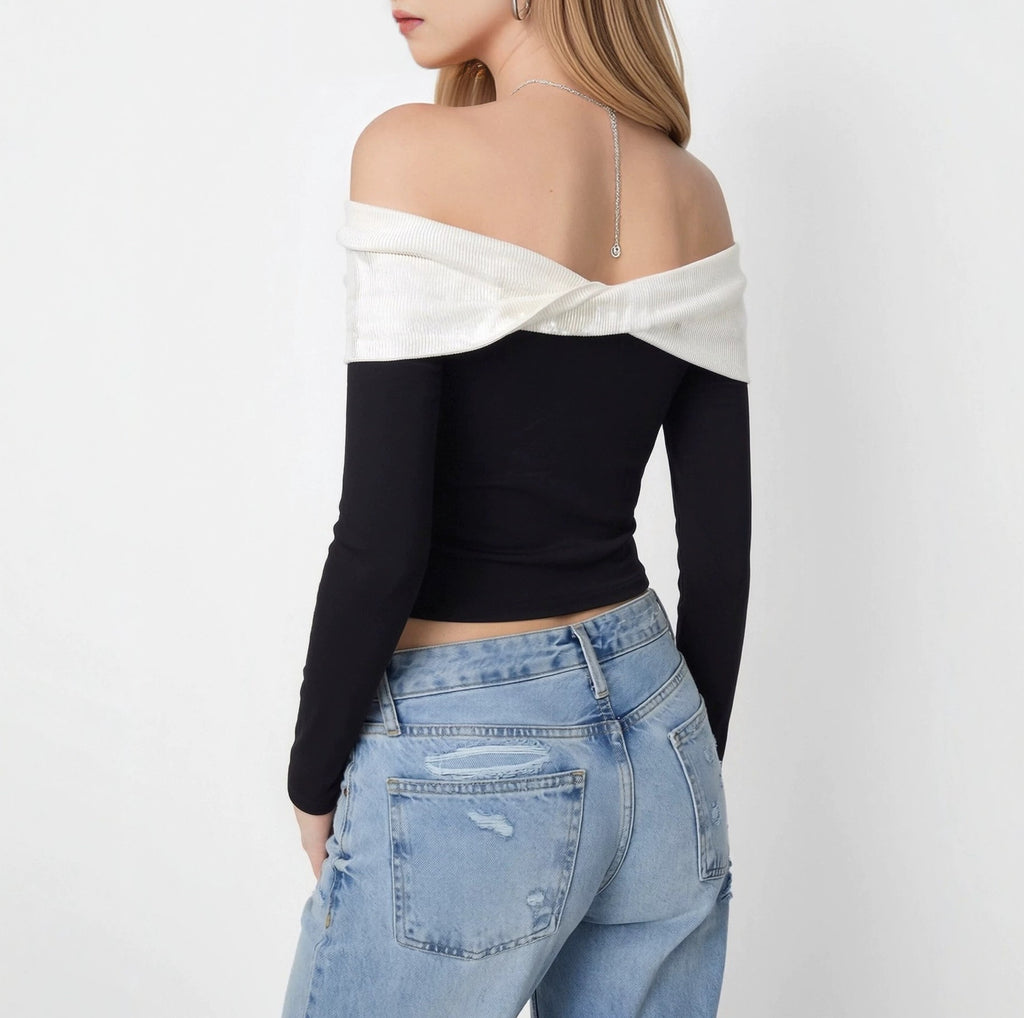 Bell Sleeve Off Shoulder Crop Knit Sweater - Black - 3