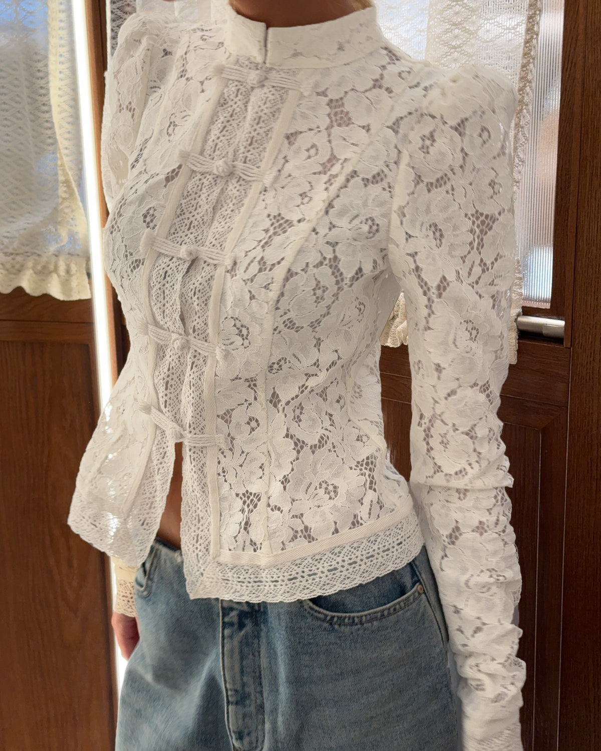 Sheer Floral Lace High Neck Blouse