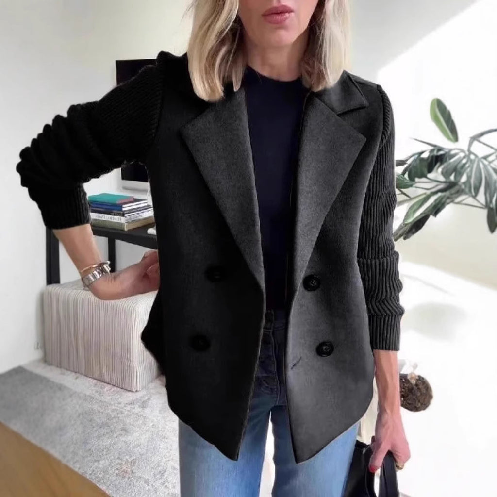 Ribbed Sleeve Double Breasted Lapel Jacket - Black