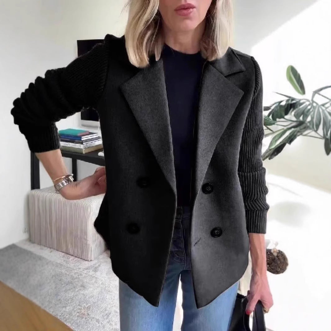 Ribbed Sleeve Double Breasted Lapel Jacket - Black