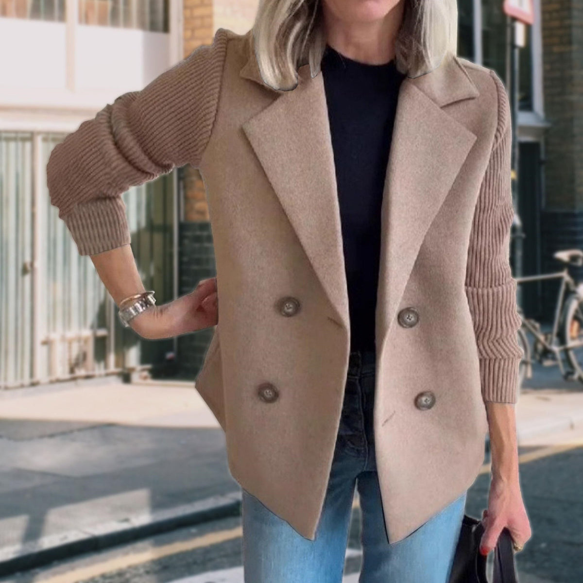 Ribbed Sleeve Double Breasted Lapel Jacket - Camel