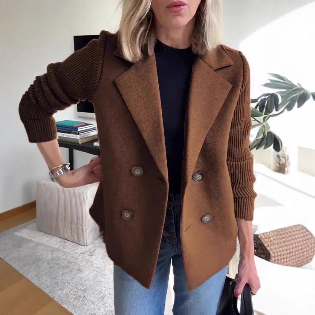 Ribbed Sleeve Double Breasted Lapel Jacket - DarkBrown